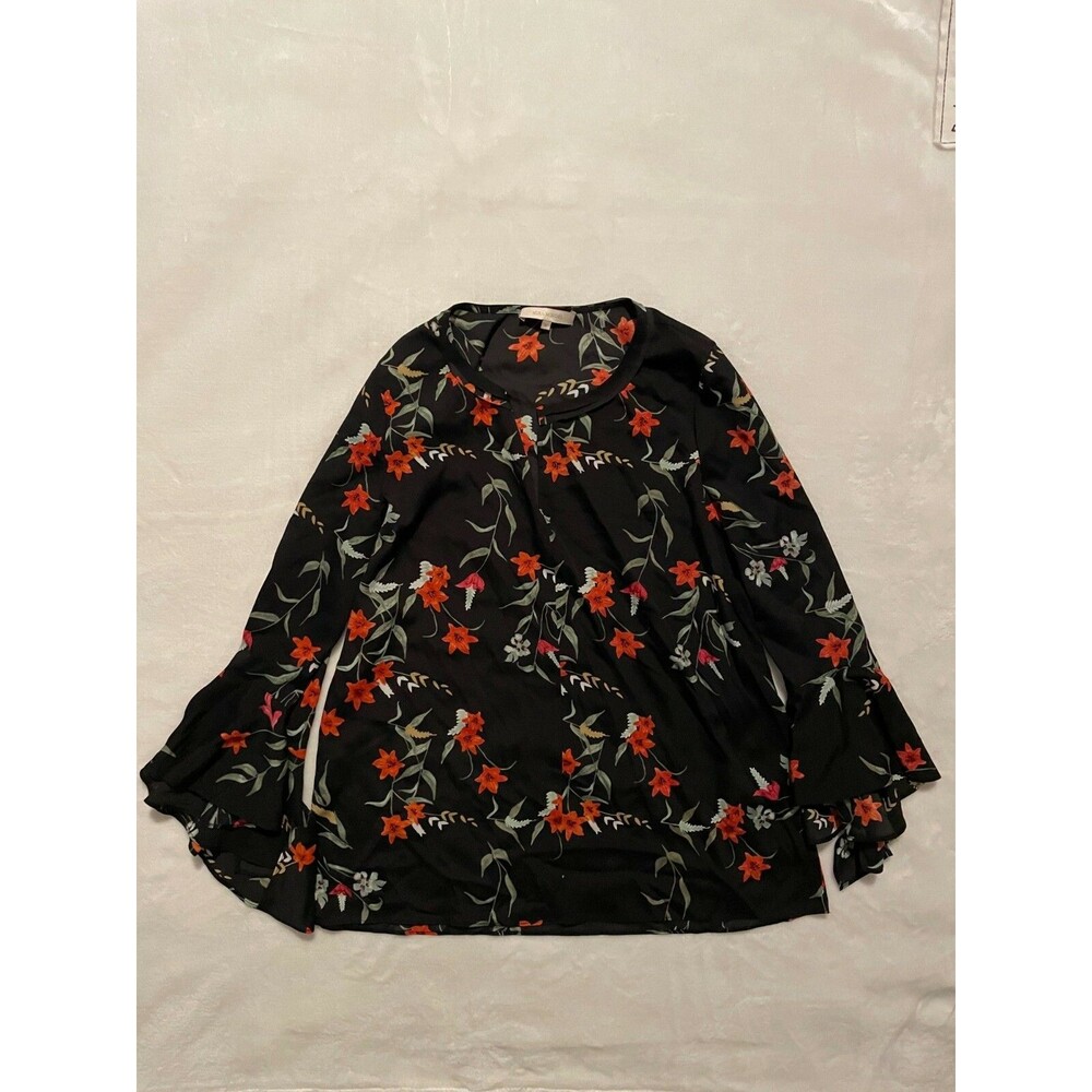 Mika Mindel Blouse Long Sleeve Floral Red Black Flowers Medium